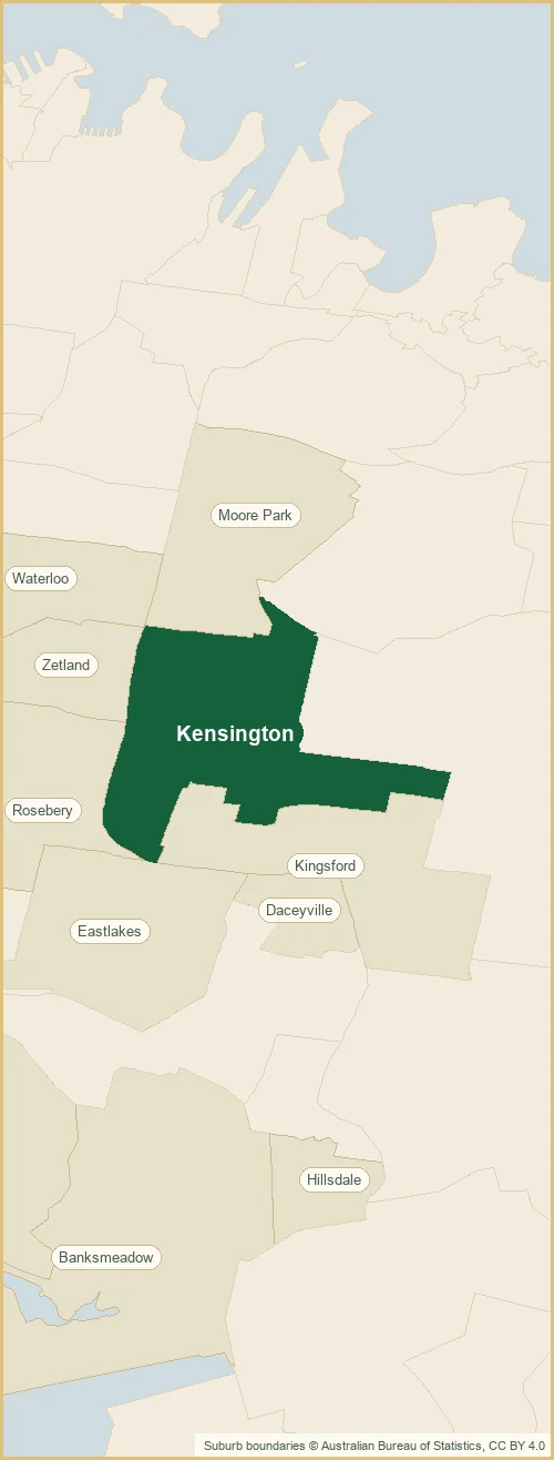 Map of the Kensington plumbing service area, with Kensington shaded and the surrounding suburbs marked: Kingsford, Daceyville, Zetland out to Rosebery, Waterloo, Beaconsfield and more