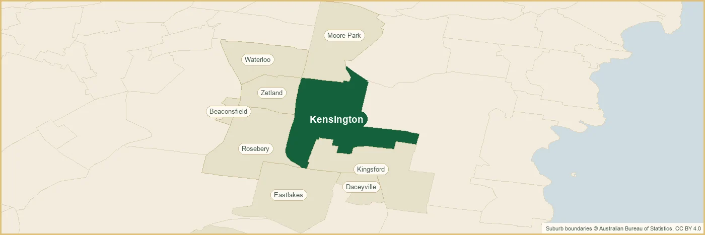 Map of the Kensington plumbing service area, covering Kingsford, Daceyville, Zetland, Rosebery, Waterloo, Beaconsfield, Eastlakes, Moore Park, Hillsdale, Botany, Banksmeadow, Kingsford, Daceyville, Zetland, Rosebery, Waterloo, Beaconsfield, Eastlakes and Moore Park